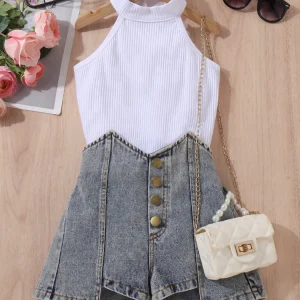 Solid Color Tank Top & Faux Denim Short Set